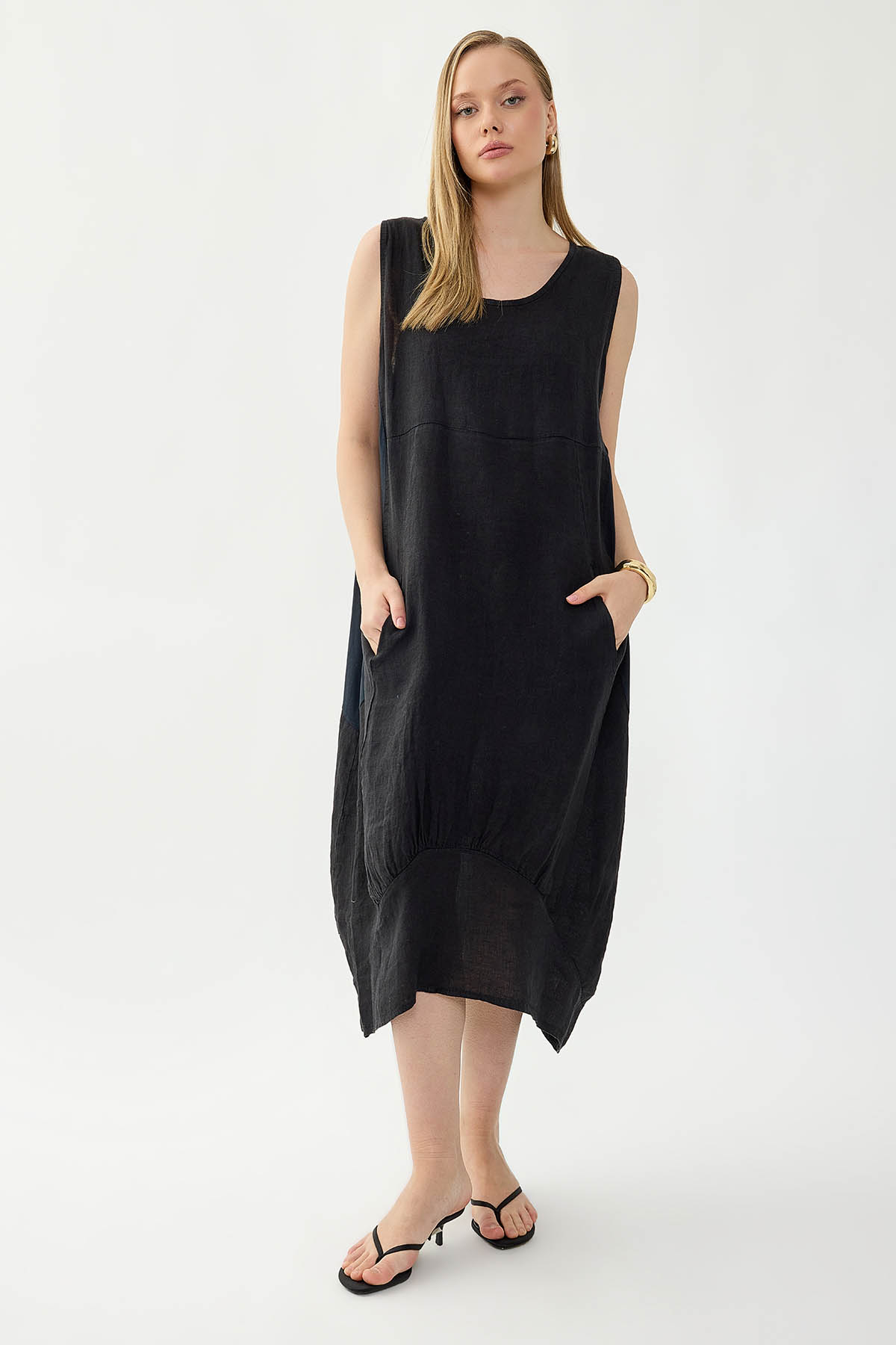 %100 Keten Yuvarlak Yaka Sıfır Kol Cepli Elbise - Thumbnail