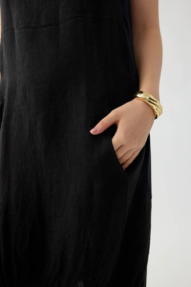 %100 Keten Yuvarlak Yaka Sıfır Kol Cepli Elbise - 34