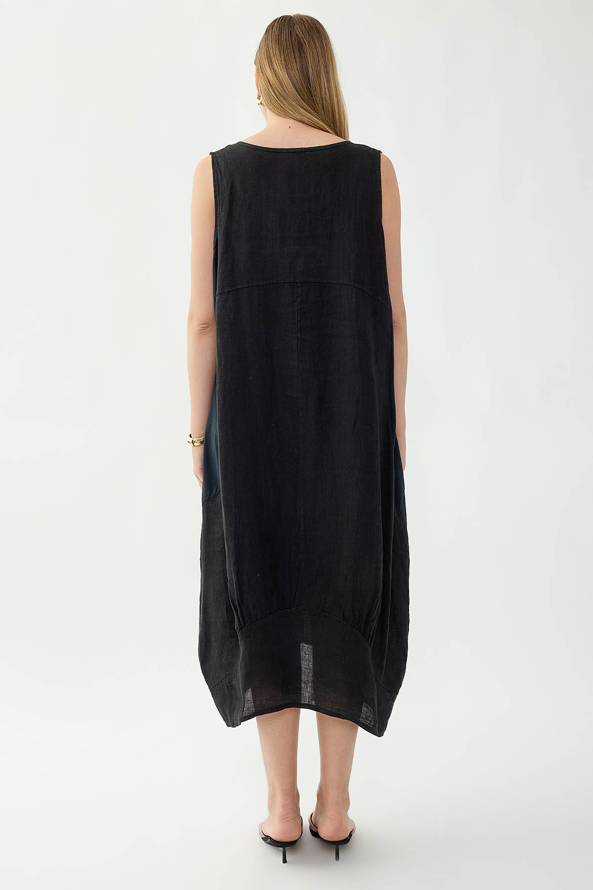 %100 Keten Yuvarlak Yaka Sıfır Kol Cepli Elbise - Thumbnail