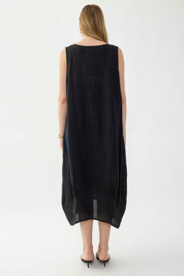 %100 Keten Yuvarlak Yaka Sıfır Kol Cepli Elbise - 33