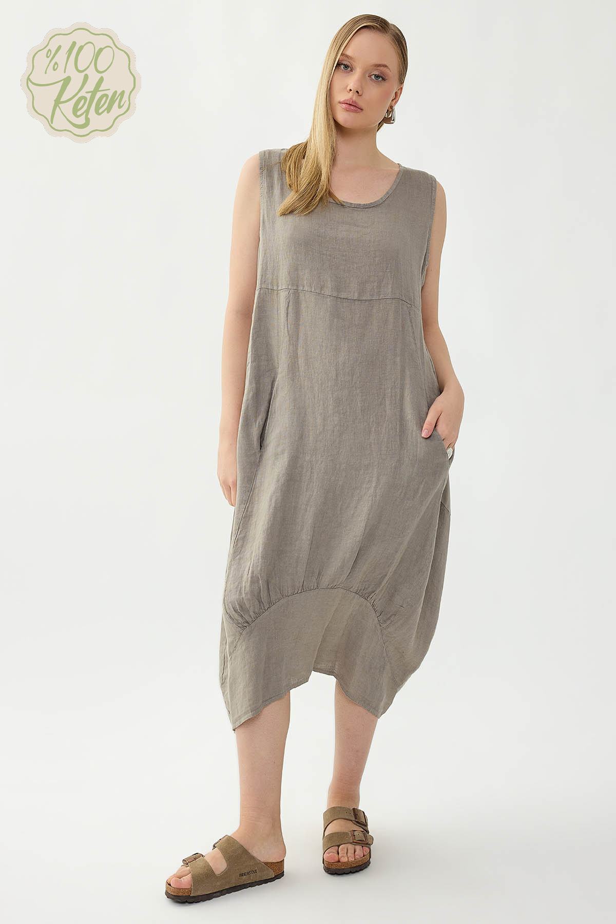 %100 Keten Yuvarlak Yaka Sıfır Kol Cepli Elbise - Thumbnail