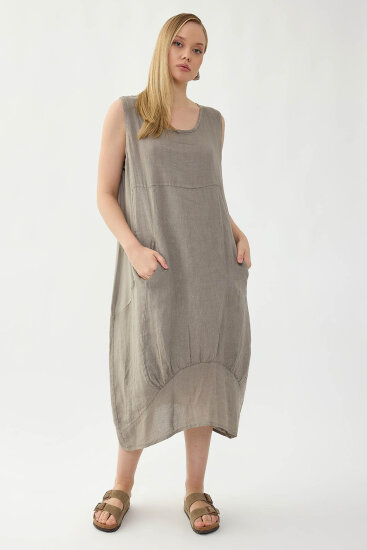 %100 Keten Yuvarlak Yaka Sıfır Kol Cepli Elbise - 36