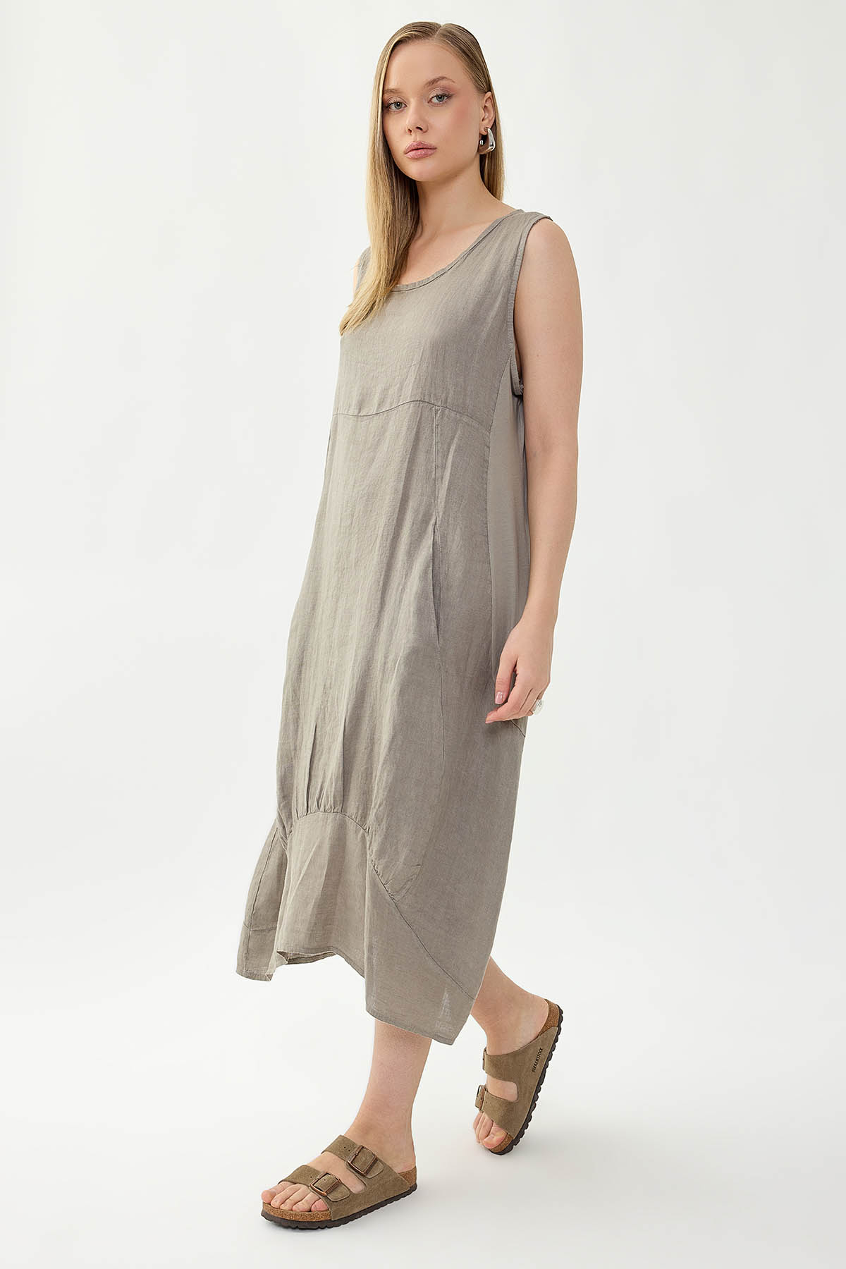 %100 Keten Yuvarlak Yaka Sıfır Kol Cepli Elbise - Thumbnail