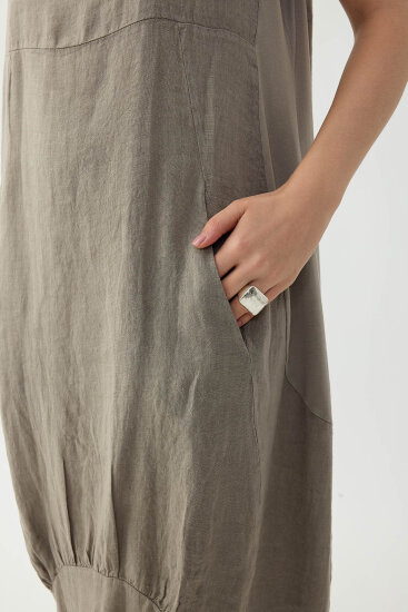 %100 Keten Yuvarlak Yaka Sıfır Kol Cepli Elbise - 38