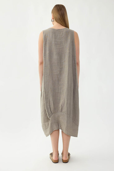 %100 Keten Yuvarlak Yaka Sıfır Kol Cepli Elbise - 39