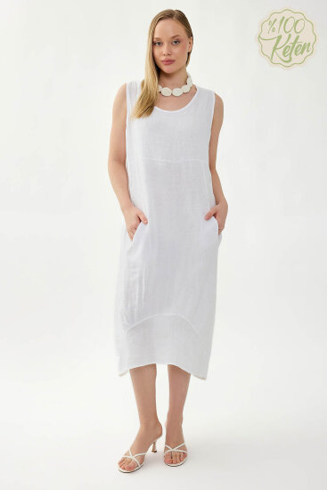 %100 Keten Yuvarlak Yaka Sıfır Kol Cepli Elbise - 7
