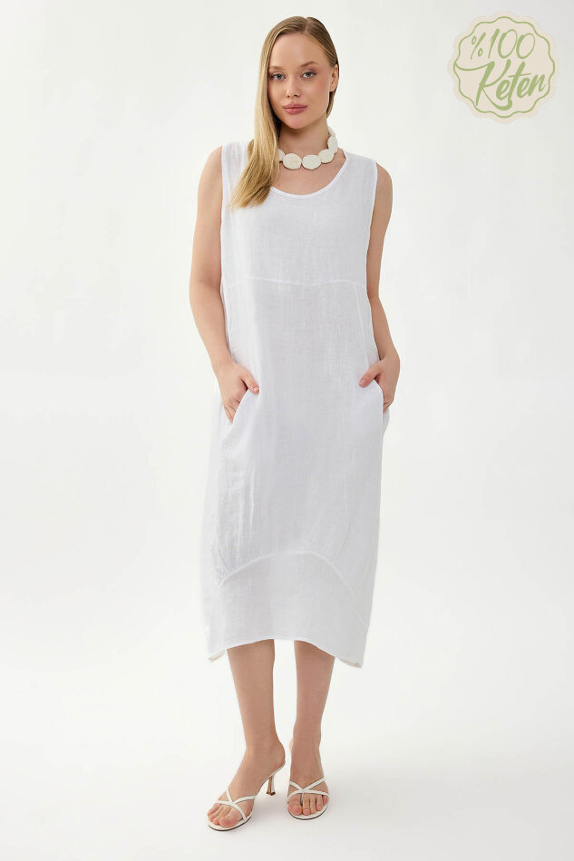 %100 Keten Yuvarlak Yaka Sıfır Kol Cepli Elbise - 7