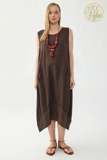 %100 Keten Yuvarlak Yaka Sıfır Kol Cepli Elbise - 17