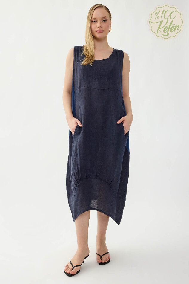 %100 Keten Yuvarlak Yaka Sıfır Kol Cepli Elbise - 23