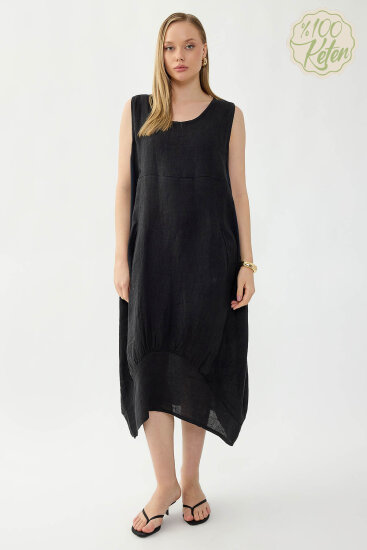%100 Keten Yuvarlak Yaka Sıfır Kol Cepli Elbise - 29