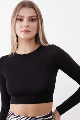 Yuvarlak Yaka Uzun Kol Crop Bluz - 2