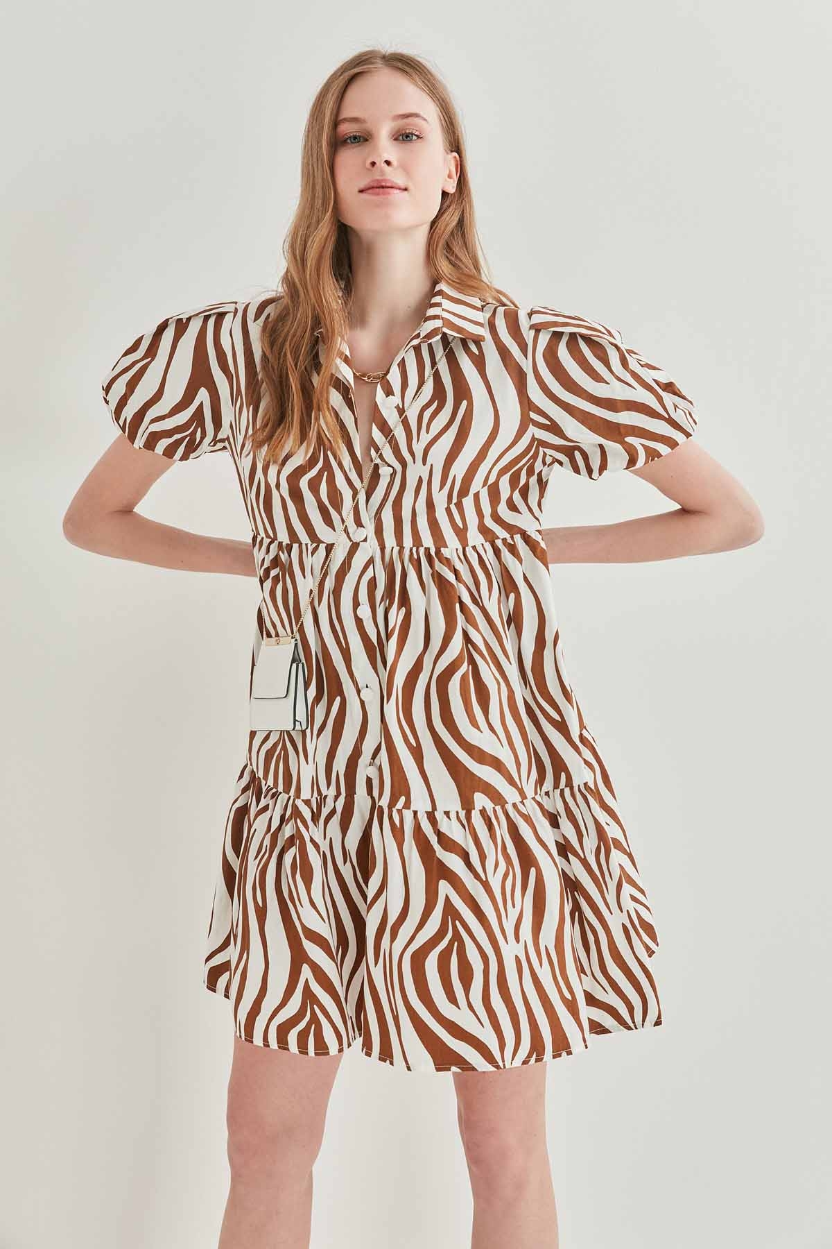 Zebra Desen Önden Düğmeli Geniş Kesim Elbise