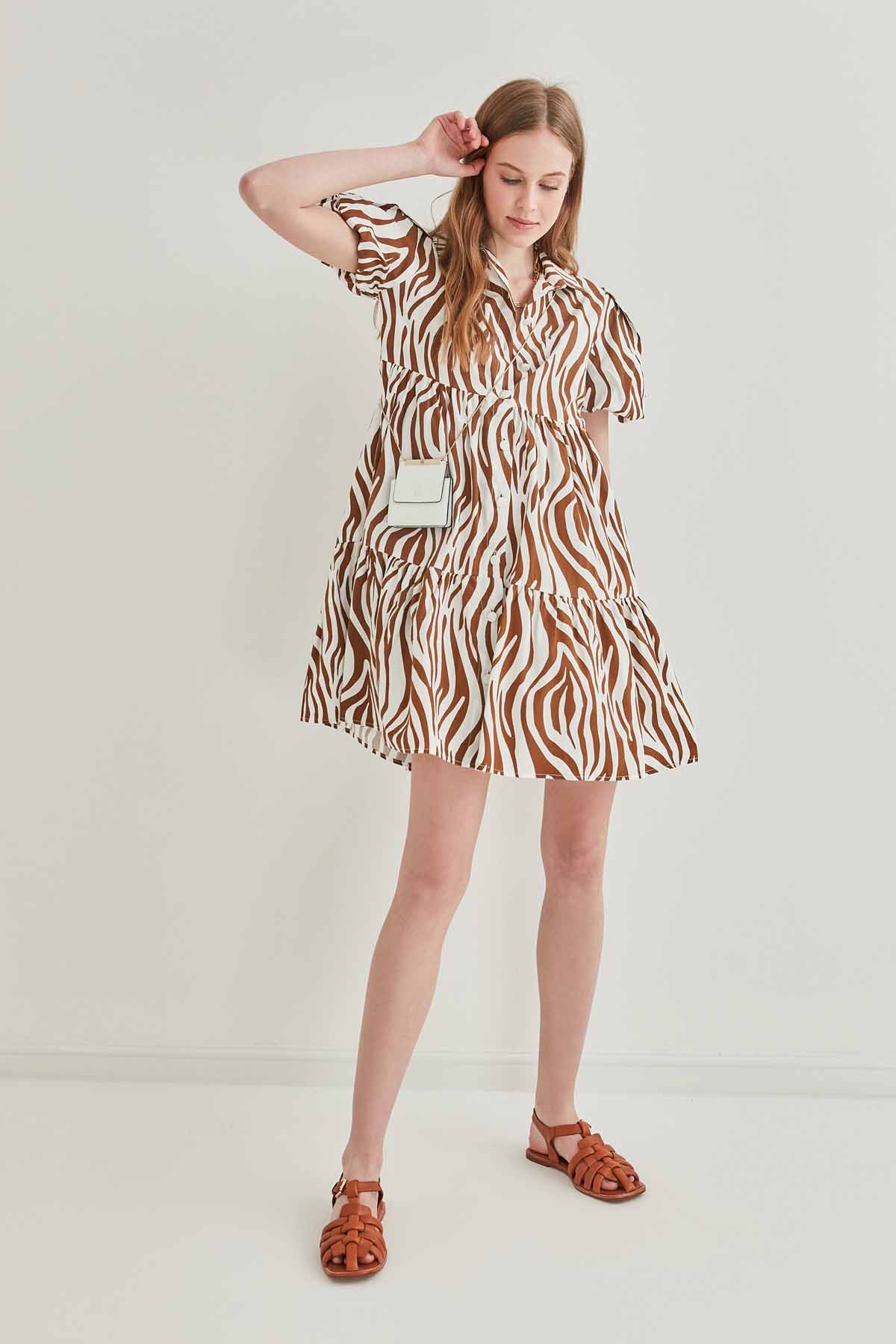 Zebra Desen Önden Düğmeli Geniş Kesim Elbise
