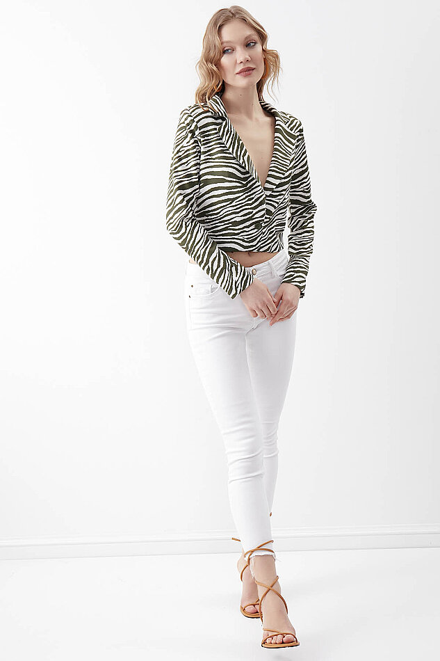 Zebra Desen Tek Düğme Crop Ceket - 7