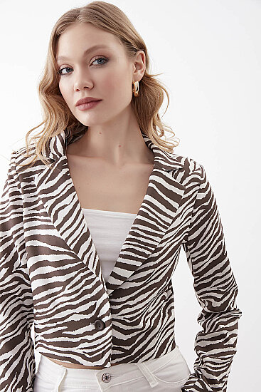 Zebra Desen Tek Düğme Crop Ceket - 13