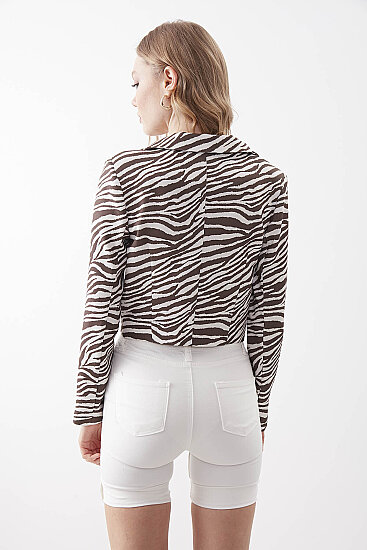Zebra Desen Tek Düğme Crop Ceket - 15