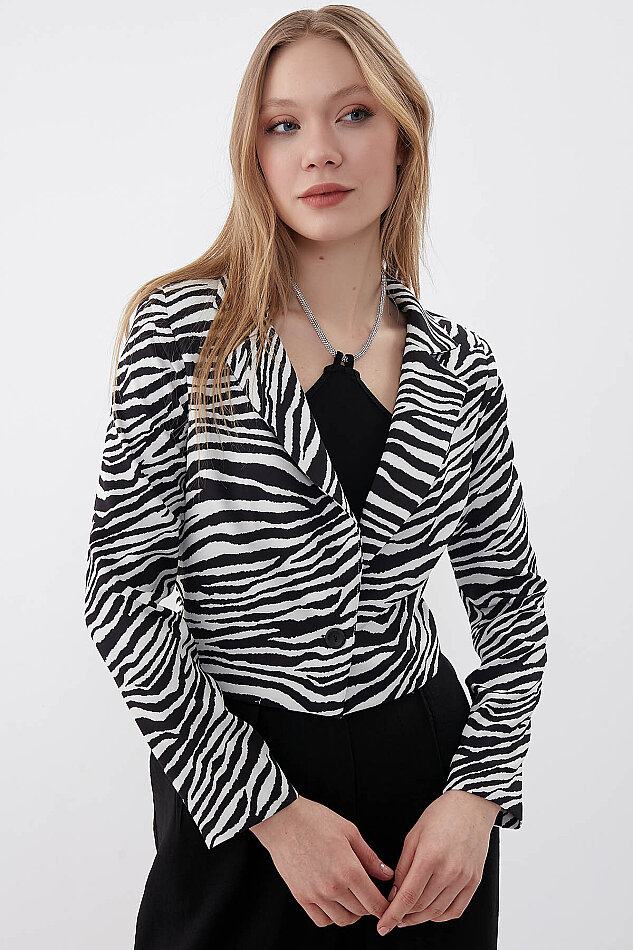 Zebra Desen Tek Düğme Crop Ceket - 1