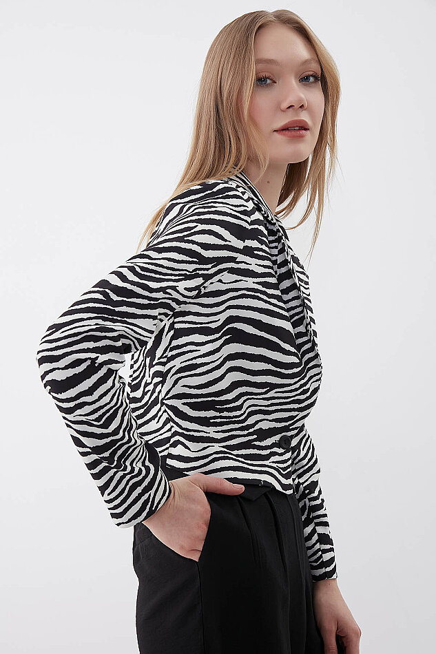 Zebra Desen Tek Düğme Crop Ceket - 3
