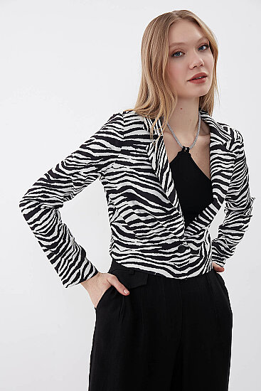 Zebra Desen Tek Düğme Crop Ceket - 4